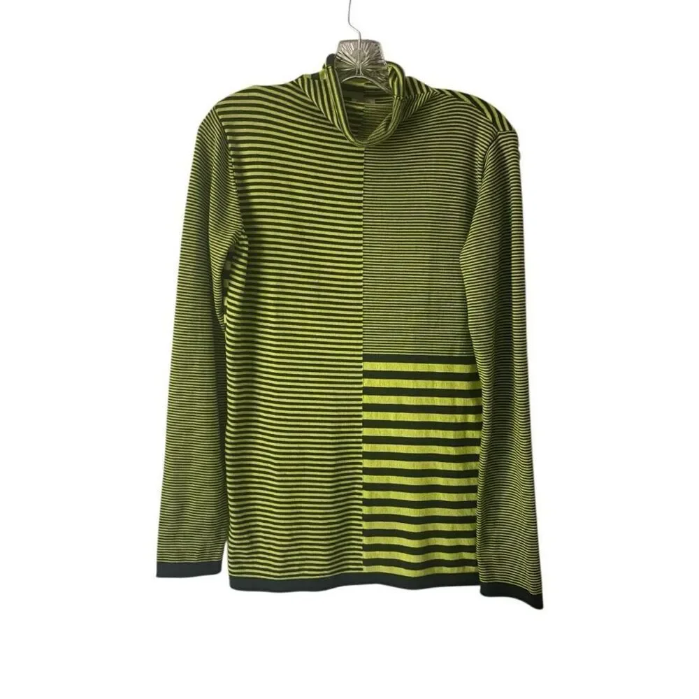Title Nine Synergy Rolled Mock Neck Sweater Medium Lime Green Striped Turtleneck